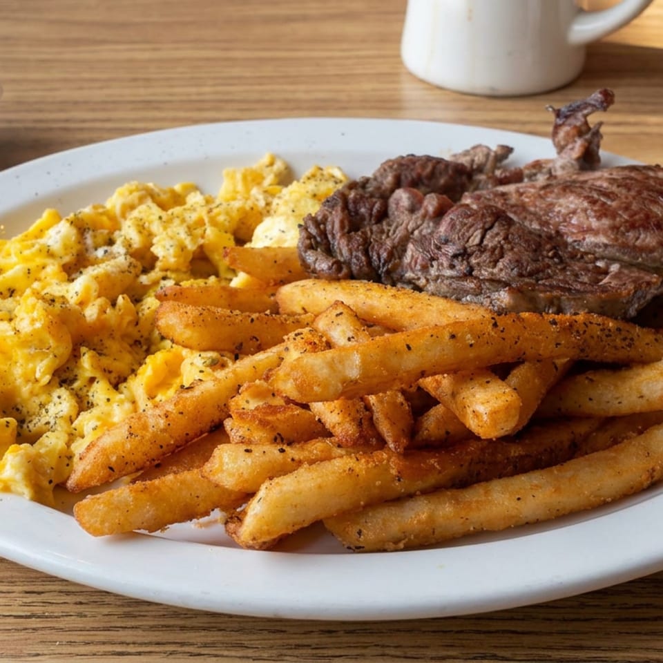 Plate of scrambled eggs, seasoned fries, and a grilled burger on a wooden restaurant table.