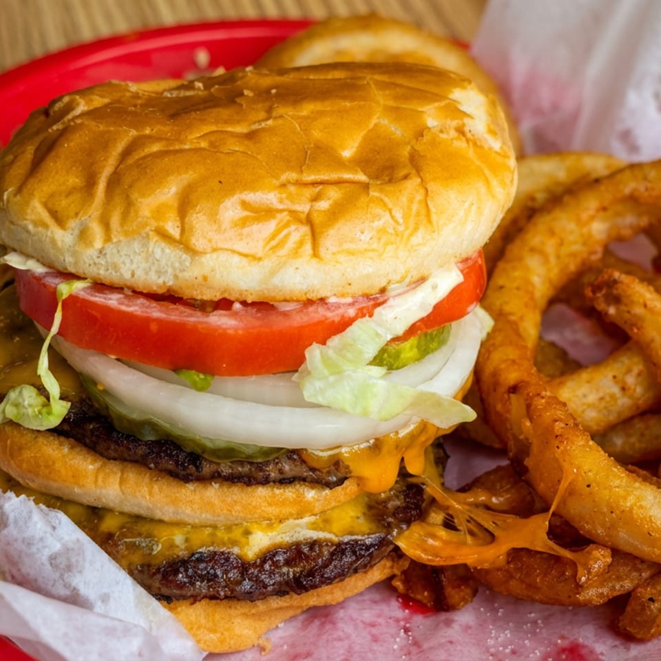 Double cheeseburger with lettuce, tomato, onion, pickles, and sauce served with crispy onion rings on a red basket.
