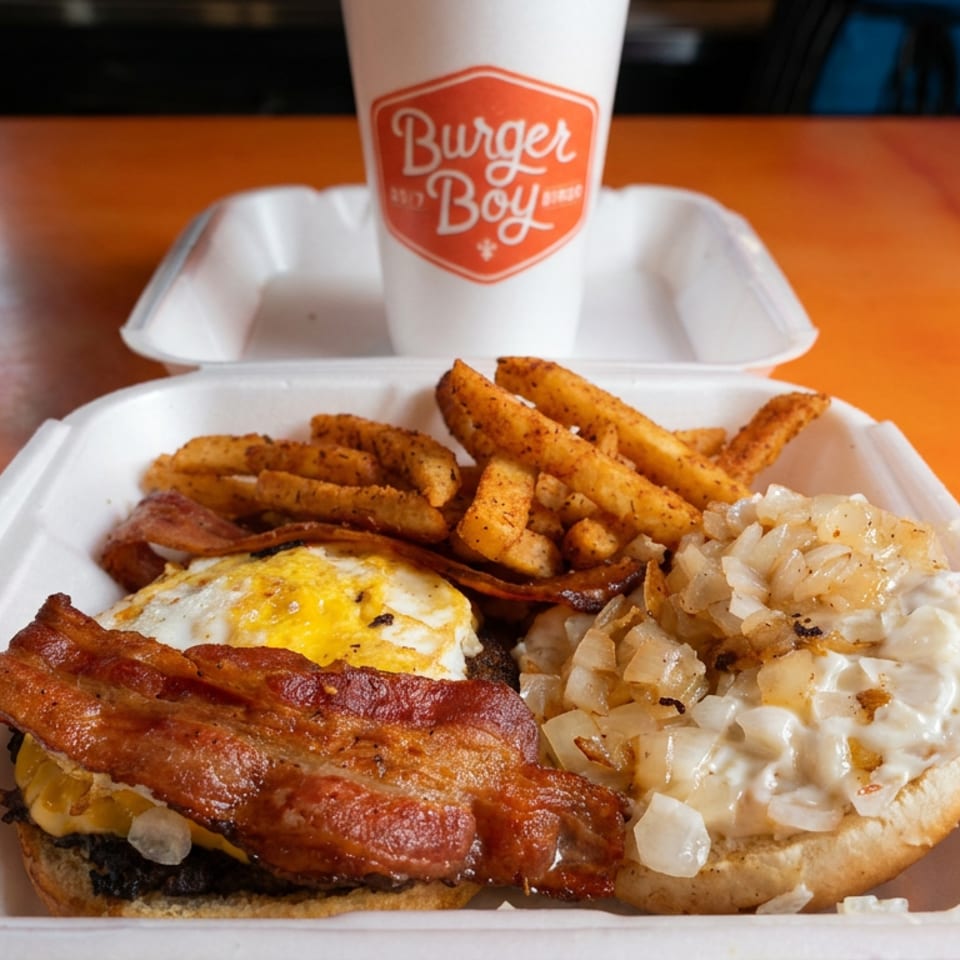 Burger Boy meal with bacon cheeseburger, fried egg, seasoned fries, rice, and creamy salad in a takeout container.