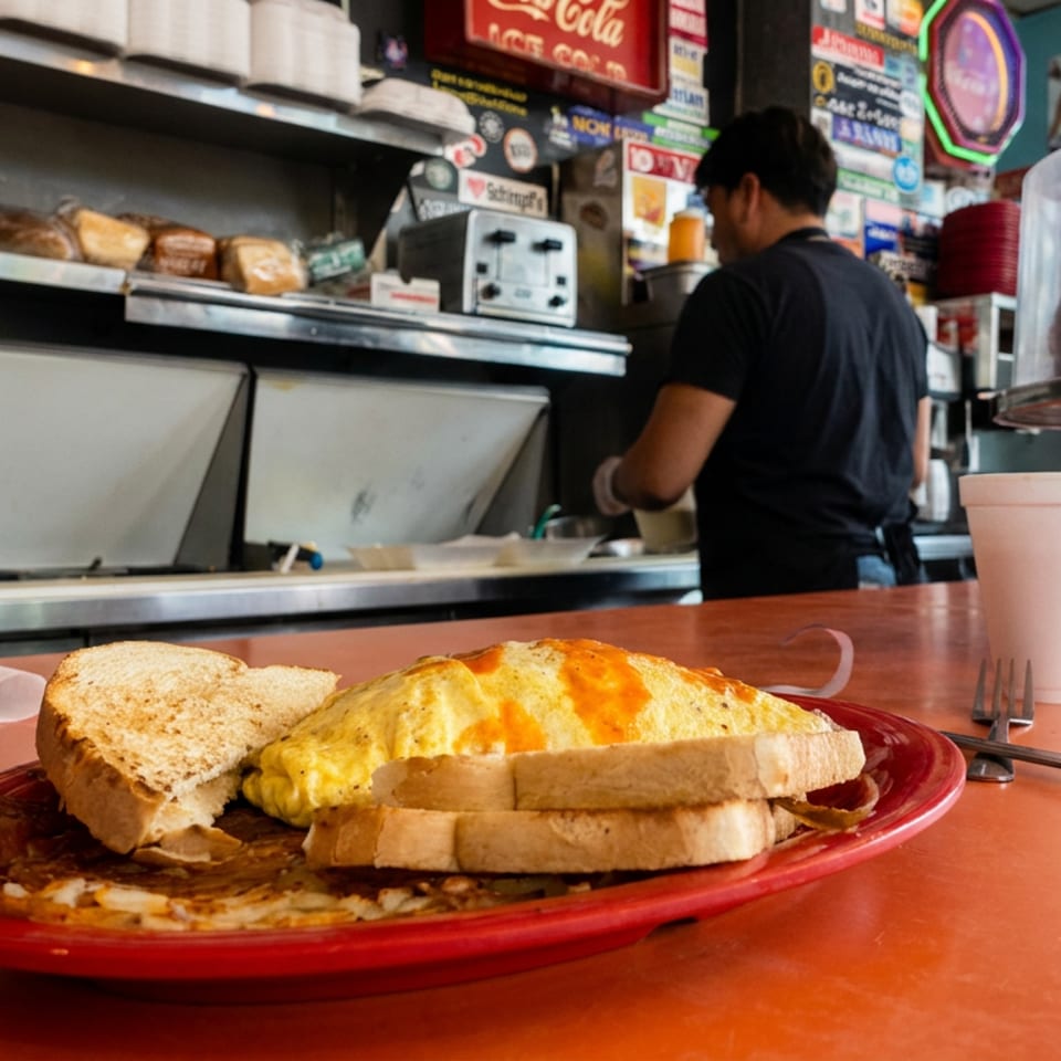 Breakfast sandwich on a red plate at a colorful diner counter, with pastries, coffee cup, and server in the background.