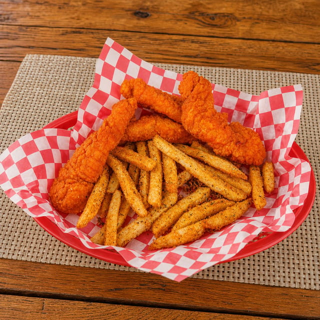 Fried Buffalo Chicken Tenders with Fries.